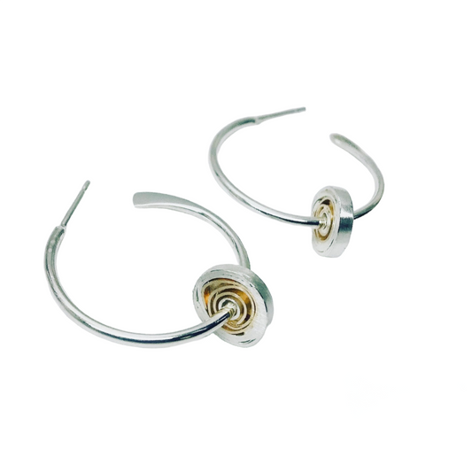 Spiral hoop earrings, matt silver with 18ct gold