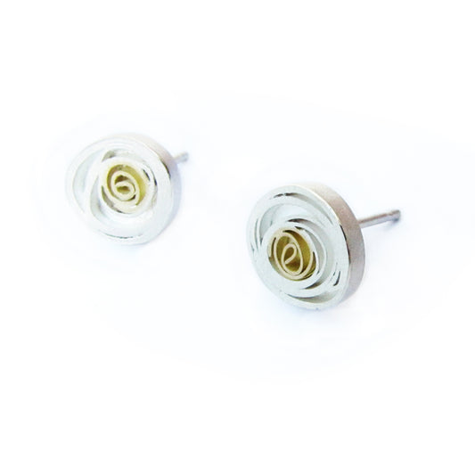 Spiral ear studs, matt silver with 18ct gold